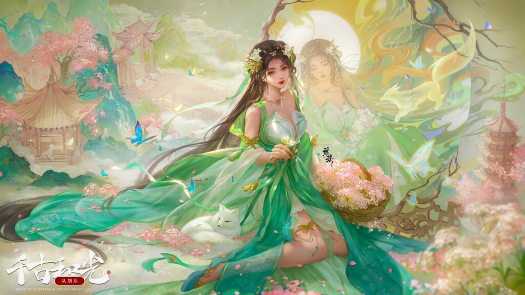 Enchanting Anime Goddess with Fox Spirit and Cherry Blossoms Desktop Wallpaper