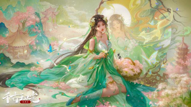 Enchanting Anime Goddess with Fox Spirit and Cherry Blossoms Desktop Wallpaper
