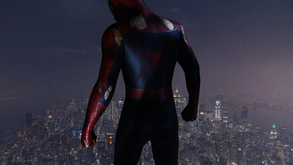 Spider-Man Overlooking New York City at Night 4K Desktop Wallpaper