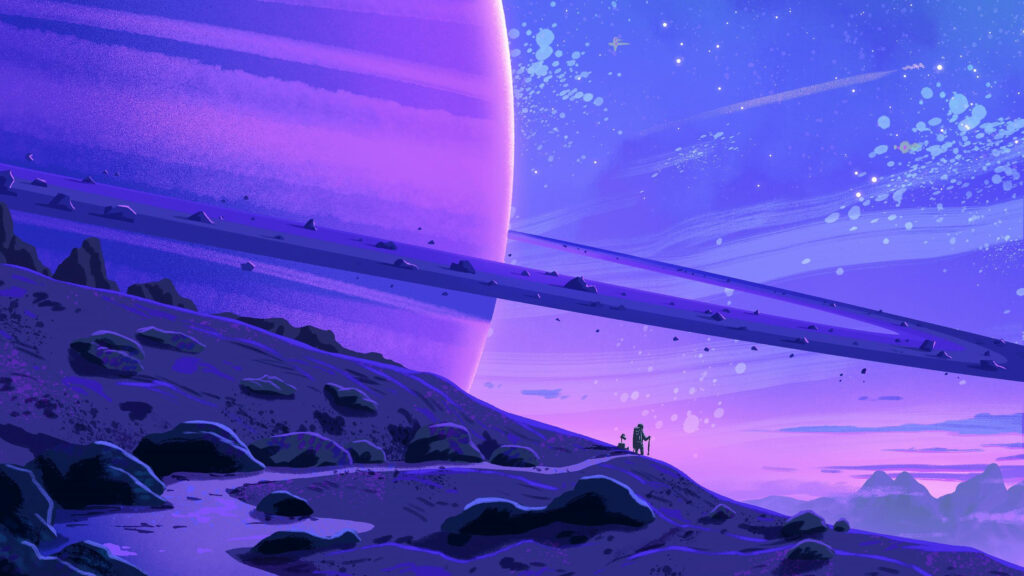 Astronaut Standing on Alien Planet with Saturn Rings PC Wallpaper