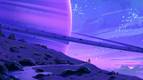 Astronaut Standing on Alien Planet with Saturn Rings PC Wallpaper