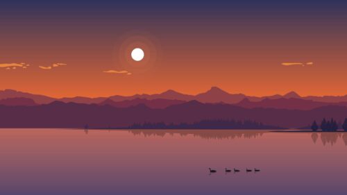 Minimalist Mountain Sunset Over Calm Lake 4K Desktop Wallpaper