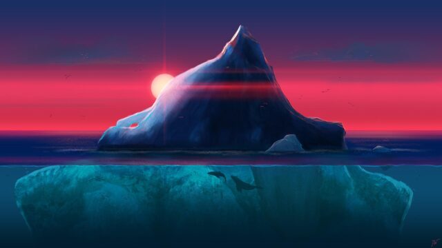Minimalist Iceberg and Whales Sunset Ocean Scenery 4K Desktop Wallpaper