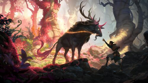 Mystical Forest Guardian and Traveler Encounter 4K Desktop Wallpaper