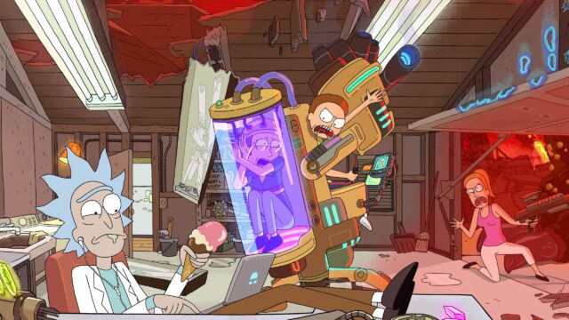 Rick and Morty Chaotic Lab Scene with Summer and Jerry 4K Desktop Wallpaper