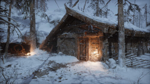 Cozy Viking Cabin in a Snowy Winter Forest 4K Desktop Wallpaper