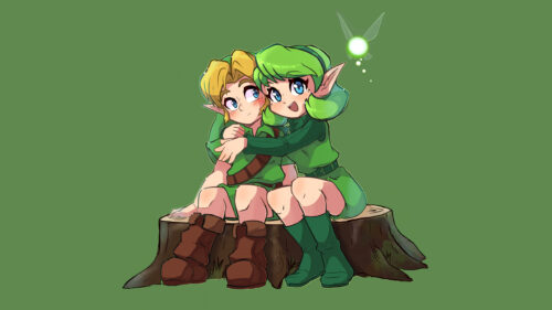 Cute Chibi Link and Saria Embracing on Tree Stump Desktop Wallpaper