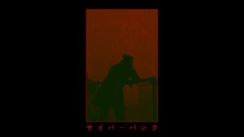 Minimalist Cyberpunk Aesthetic Man in Red Rainy Night Desktop Wallpaper