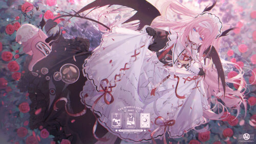 Anime Demon Girl in Rose Garden Illustration 4K Desktop Wallpaper