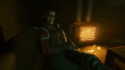 Panam Palmer Sitting by the Fire in Cyberpunk 2077 4K Desktop Wallpaper