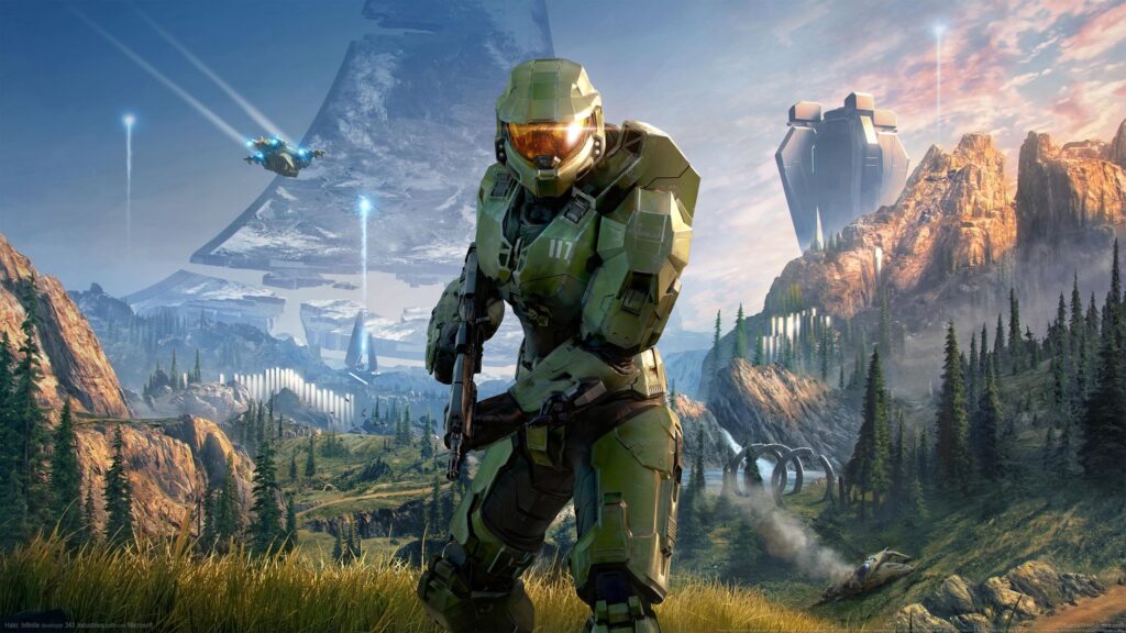 Master Chief Spartan Standing in Halo Infinite Landscape 4K Desktop Wallpaper