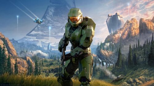 Master Chief Spartan Standing in Halo Infinite Landscape 4K Desktop Wallpaper