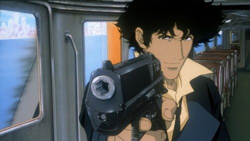 Spike Spiegel Holding Handgun in Cowboy Bebop Train Scene Desktop Wallpaper