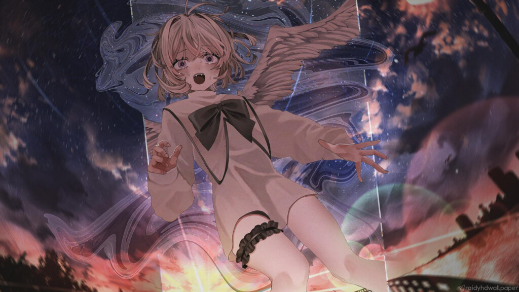 Sad Anime Angel Girl with Wings in Dramatic Sky 4K Desktop Wallpaper