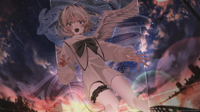 Sad Anime Angel Girl with Wings in Dramatic Sky 4K Desktop Wallpaper