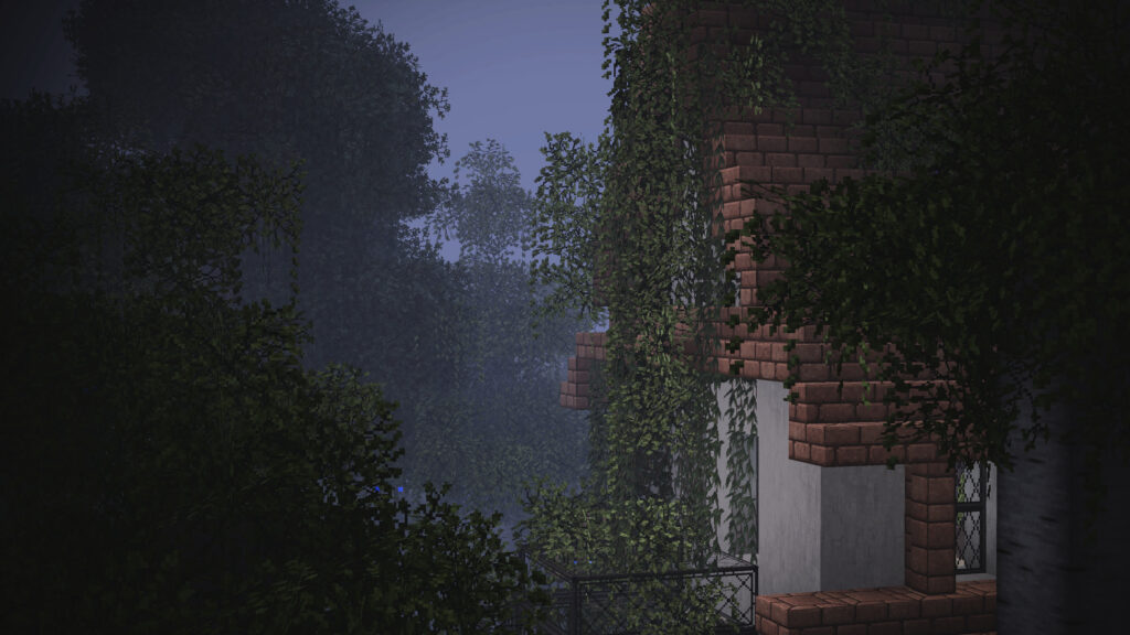 Mysterious Overgrown Minecraft Brick Mansion at Dusk 4K Desktop Wallpaper