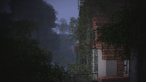 Mysterious Overgrown Minecraft Brick Mansion at Dusk 4K Desktop Wallpaper