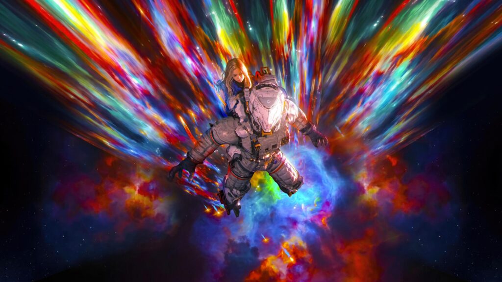 Astronaut Carrying Woman Through Vibrant Cosmic Nebula 4K Wallpaper