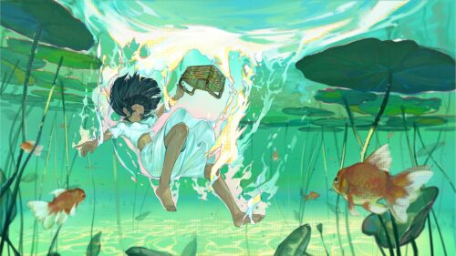 Anime Girl Underwater with Goldfish and Lotus Leaves Desktop Wallpaper