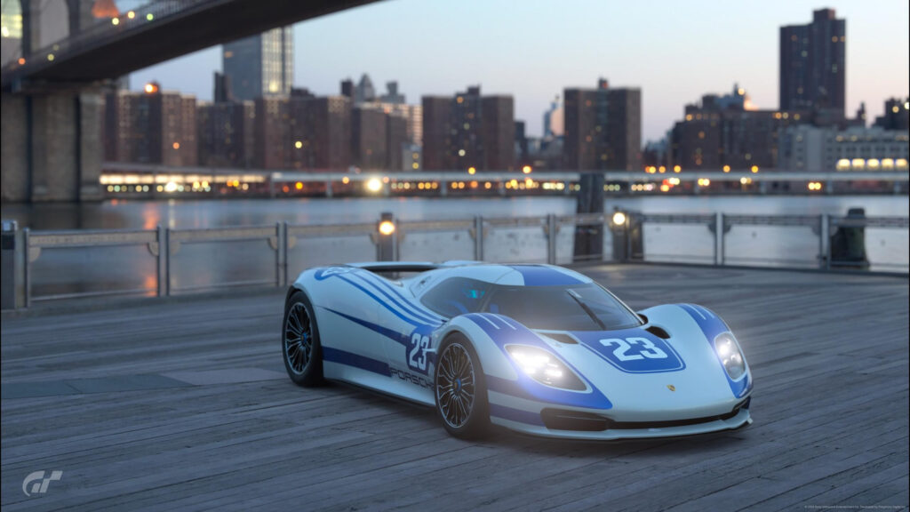 Porsche Vision Gran Turismo Race Car at Dusk Cityscape Desktop Wallpaper