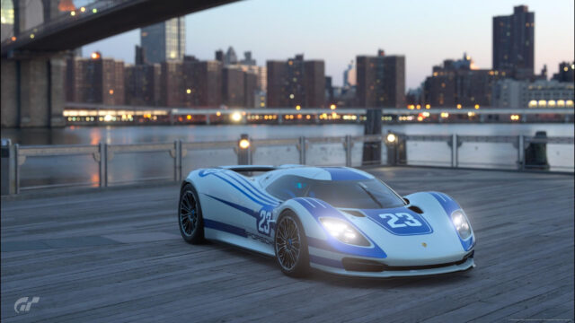 Porsche Vision Gran Turismo Race Car at Dusk Cityscape Desktop Wallpaper