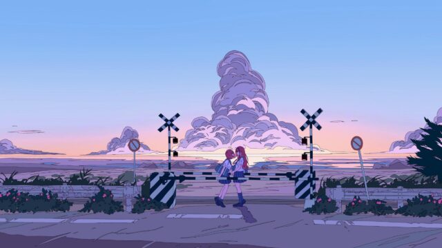 Two Anime Girls at a Railway Crossing Sunset Landscape 4K Desktop Wallpaper
