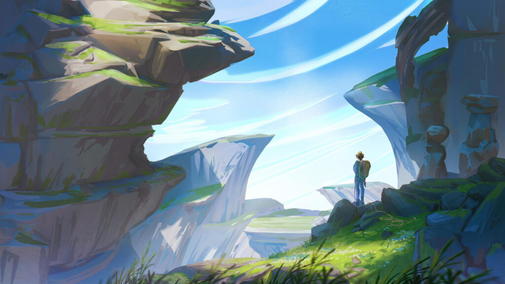 Anime Traveler Standing on Rocky Cliff Landscape 4K Desktop Wallpaper