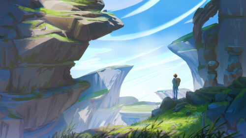 Anime Traveler Standing on Rocky Cliff Landscape 4K Desktop Wallpaper