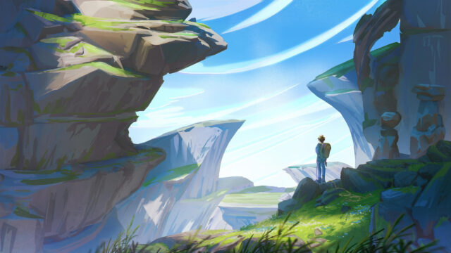 Anime Traveler Standing on Rocky Cliff Landscape 4K Desktop Wallpaper