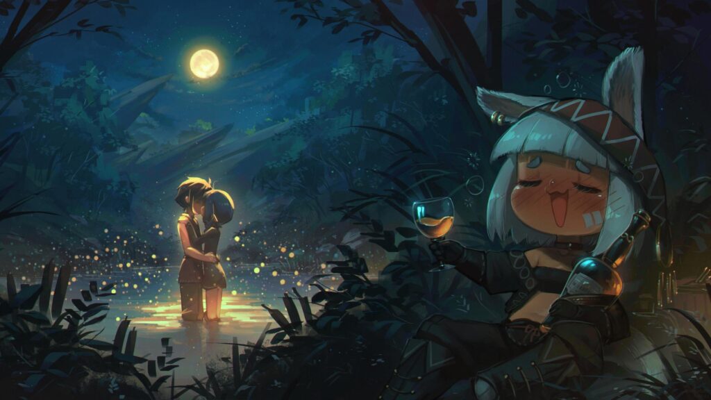 Romantic Moonlight Forest Encounter Anime Art Desktop Wallpaper
