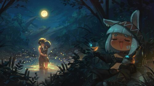 Romantic Moonlight Forest Encounter Anime Art Desktop Wallpaper