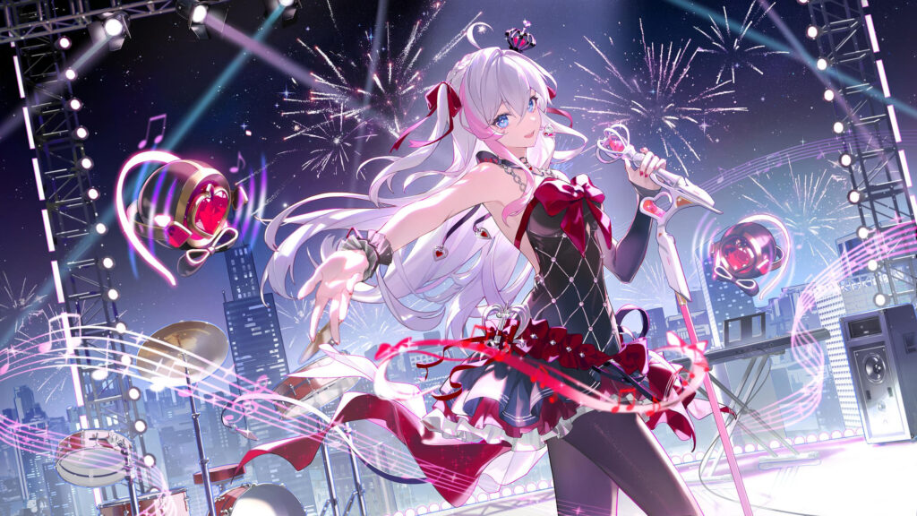 Anime Girl Performing Live Concert with Fireworks 4K Desktop Wallpaper