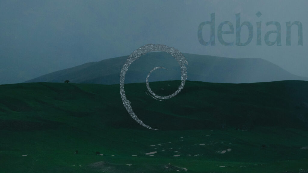 Minimalist Debian Linux Logo Over Dark Green Landscape 4K Desktop Wallpaper