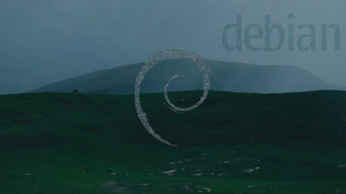 Minimalist Debian Linux Logo Over Dark Green Landscape 4K Desktop Wallpaper