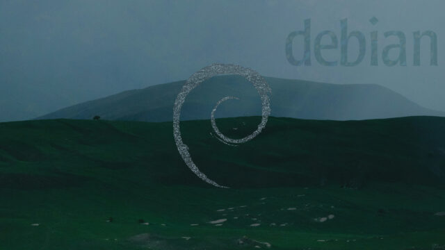 Minimalist Debian Linux Logo Over Dark Green Landscape 4K Desktop Wallpaper