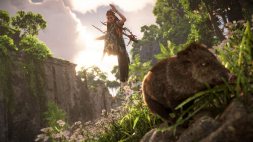 Aloy Mid-Air Strike Action Shot from Horizon Forbidden West 4K Desktop Wallpaper