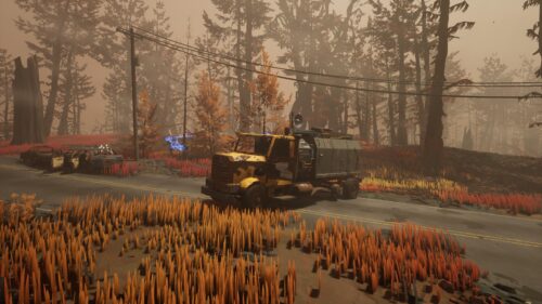 Post-Apocalyptic Truck on Foggy Autumn Road Desktop Wallpaper
