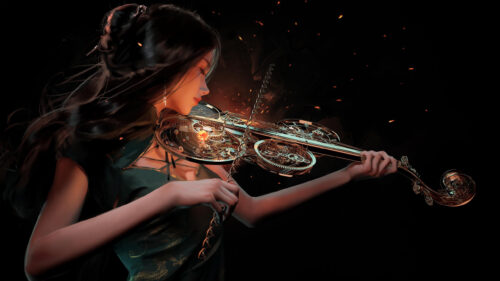 Stunning Steampunk Girl Playing Celestial Mechanical Violin 4K Wallpaper