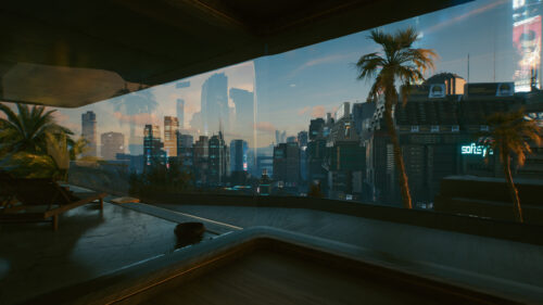 Cyberpunk 2077 Futuristic City View from Luxury Apartment 4K Desktop Wallpaper