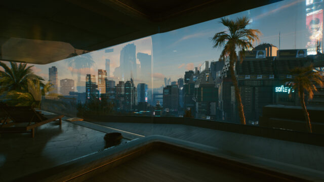 Cyberpunk 2077 Futuristic City View from Luxury Apartment 4K Desktop Wallpaper