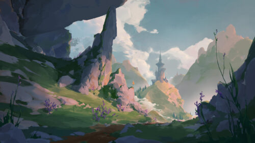 Stunning Fantasy Landscape with Distant Castle on Mountain Peak 4K Desktop Wallpaper