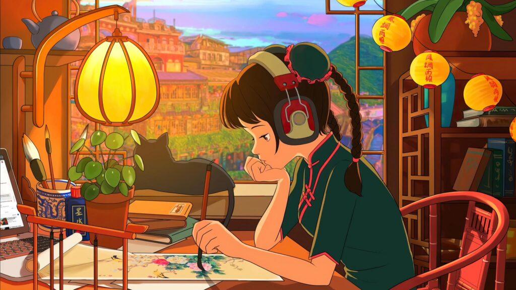 Anime Girl Painting at Desk Lofi Hip Hop Aesthetic 4K Desktop Wallpaper