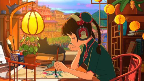 Anime Girl Painting at Desk Lofi Hip Hop Aesthetic 4K Desktop Wallpaper