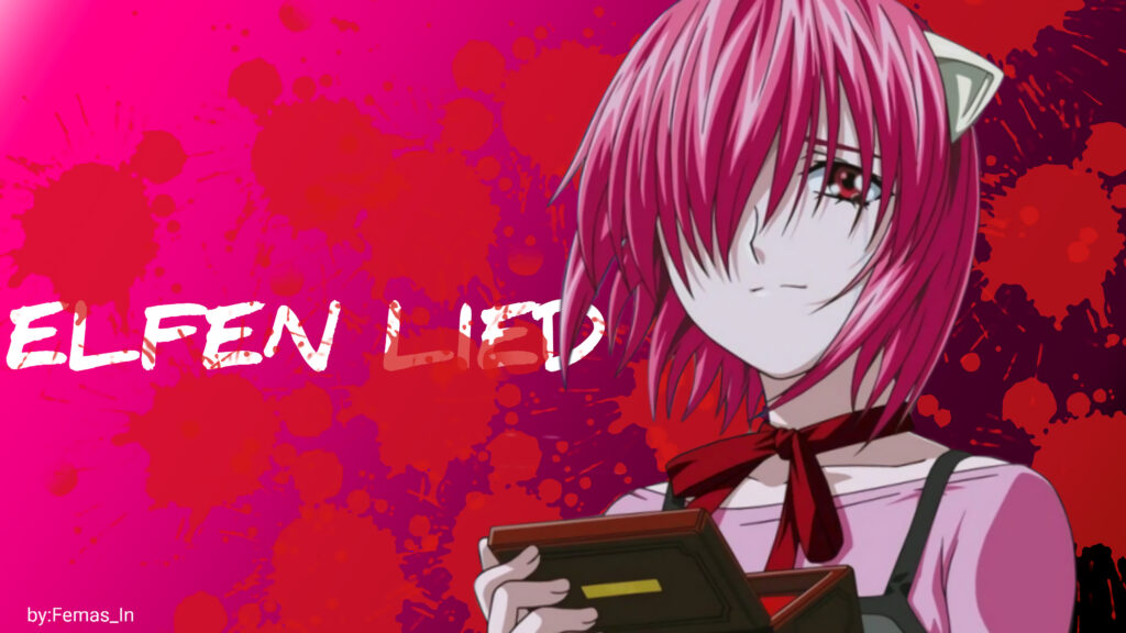 Lucy Elfen Lied Anime Character with Red Blood Splatter Background PC Wallpaper