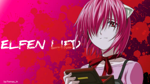 Lucy Elfen Lied Anime Character with Red Blood Splatter Background PC Wallpaper