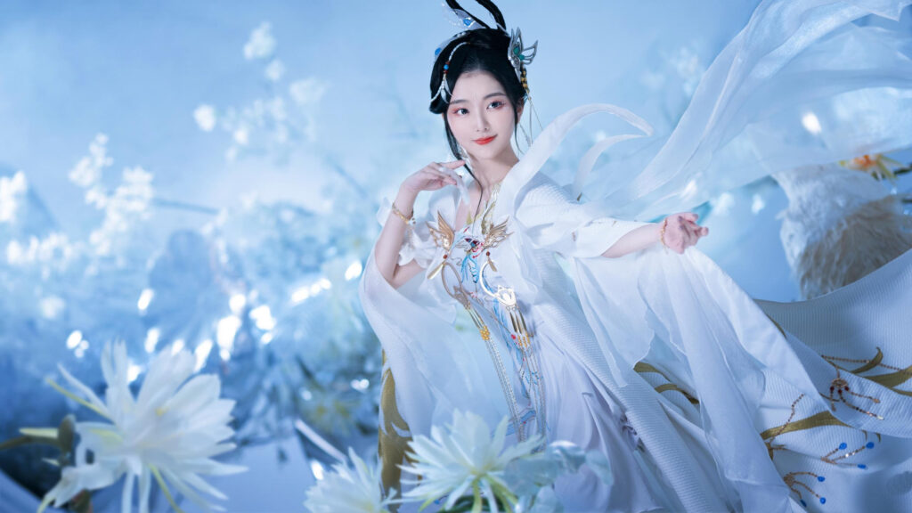 Ethereal Chinese Fantasy Goddess in White Flowing Robes Desktop Wallpaper