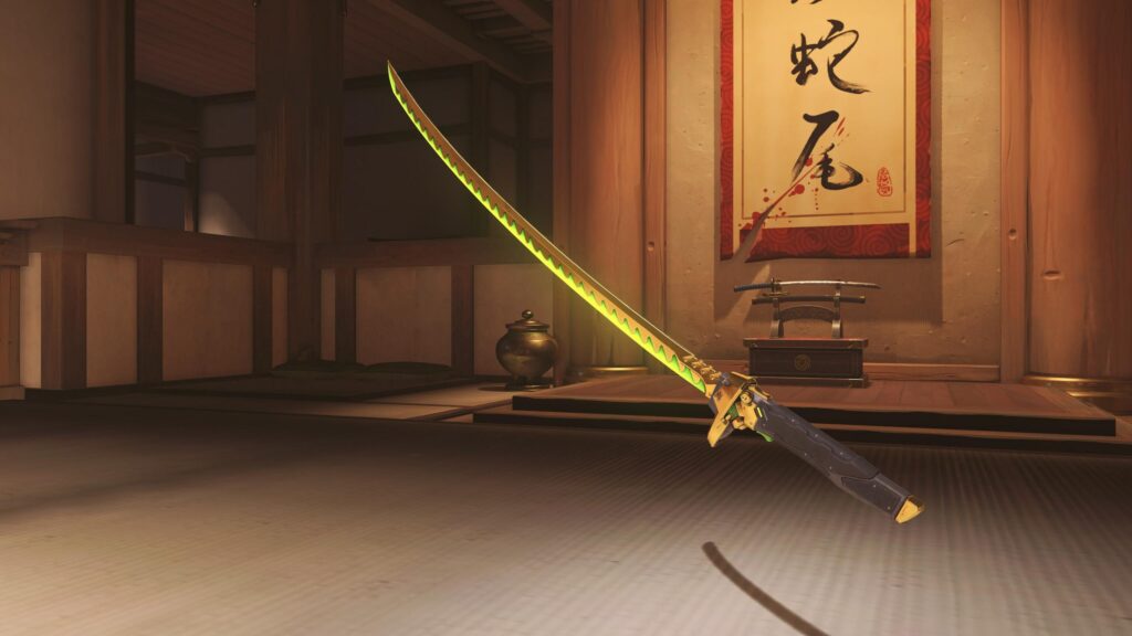 Genji Overwatch Golden Katana Blade in Hanamura Dojo 4K Wallpaper
