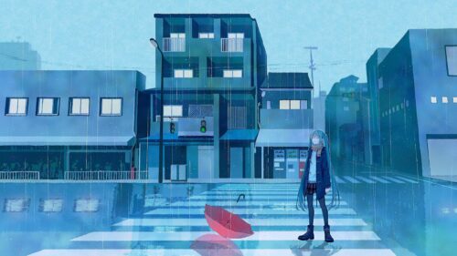 Anime Girl Standing in the Rain on a City Street 4K Desktop Wallpaper
