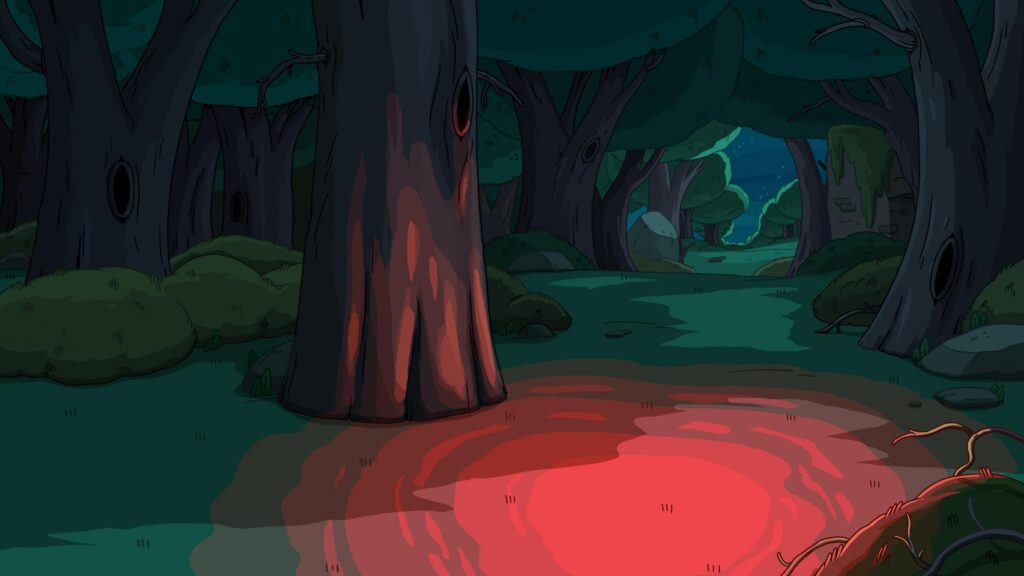 Mysterious Enchanted Forest at Night with Glowing Red Light PC Wallpaper