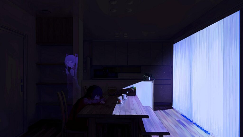 Anime Girl Sleeping in Dim Room with Spectral Presence 4K Desktop Wallpaper